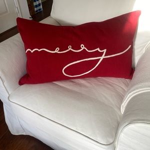 Pottery Barn Merry Lumbar Pillow Cover Red Christmas Holiday Decor